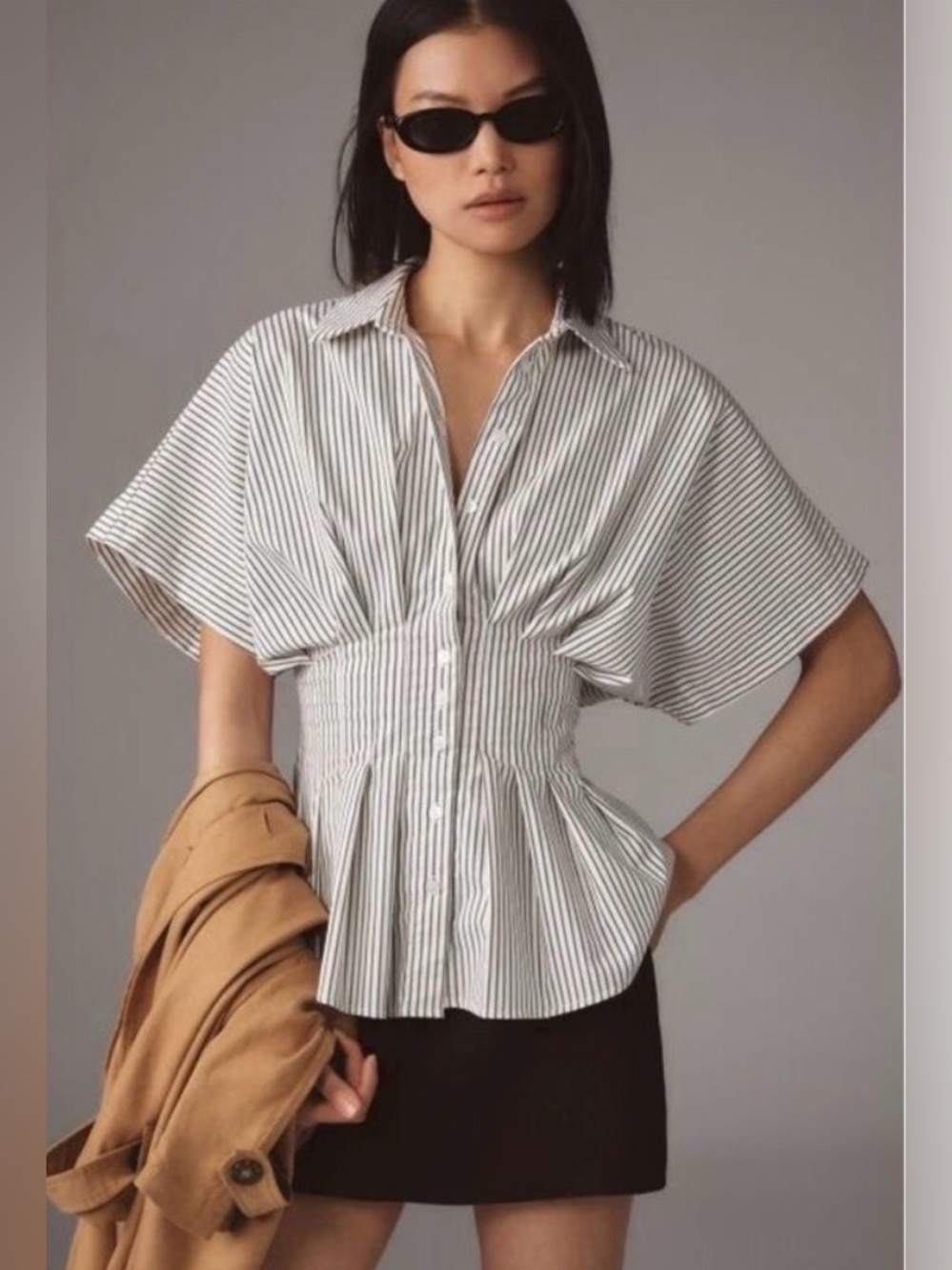 Anthropologie The Tobie Short-Sleeve Pleated Blouse by Exquise
